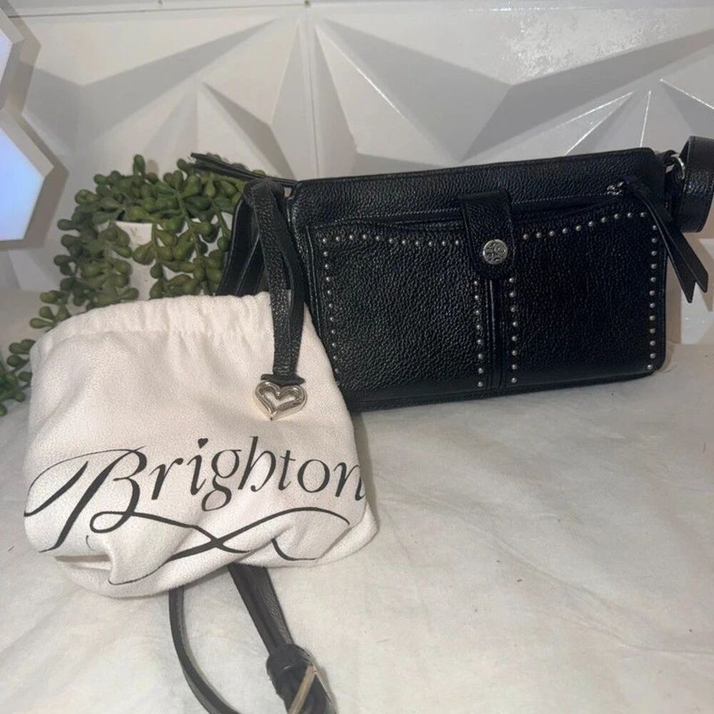 Brighton Black Pebbled Leather Studded Organizer Crossbody Bag